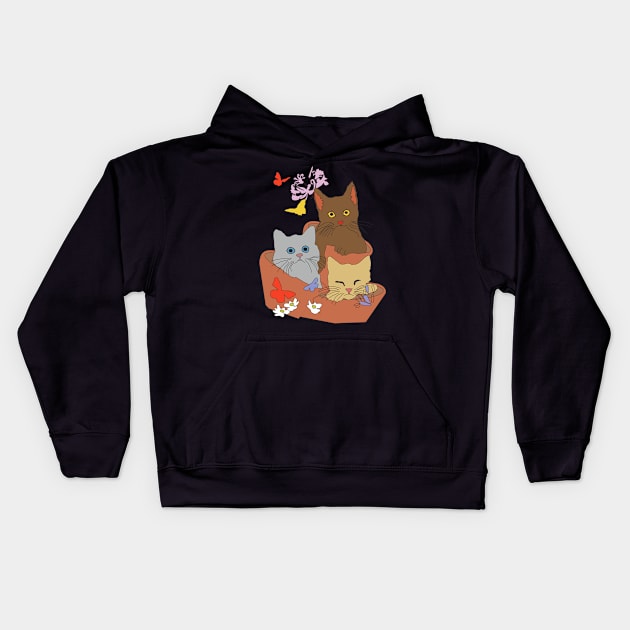 Cats and Kittens in a floral basket Kids Hoodie by Alex